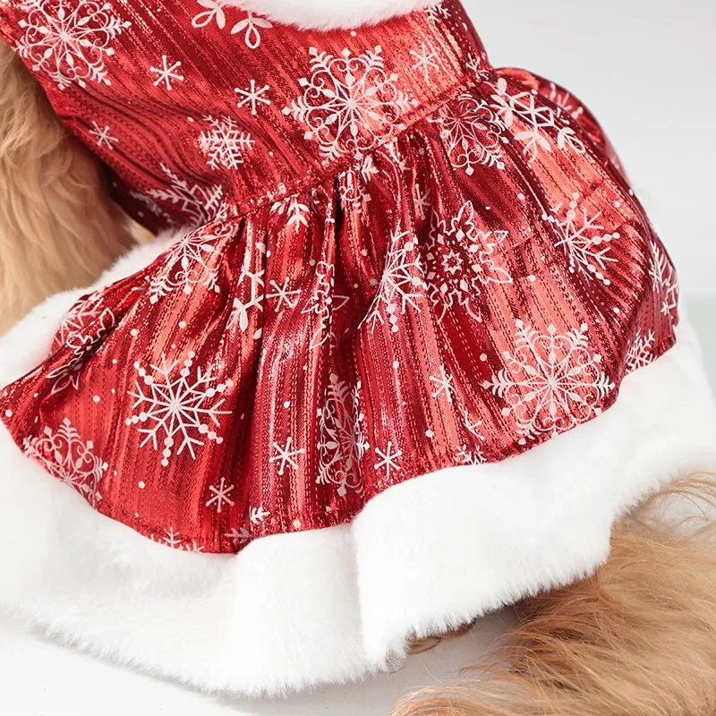 Ropa cálida de terciopelo para mascotas, vestido navideño para perros pequeños/medianos con lazo y ribete de piel sintética, traje de invierno con copo de nieve rojo, - imagen 5