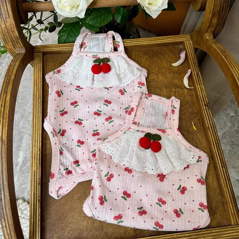Mono de cereza de primavera para mascotas, ropa para el vientre, ropa de aire acondicionado, ropa de dormir para el hogar de peluche Bibi para perros pequeños y gatos - imagen 4