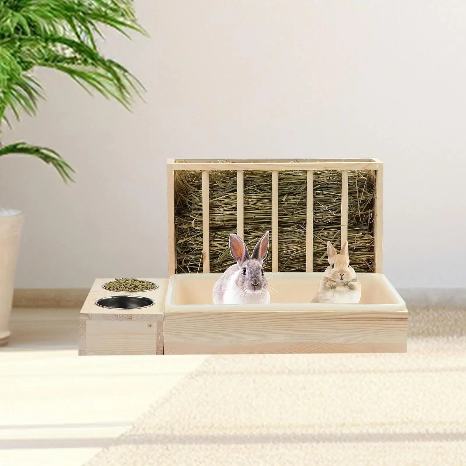 3 in 1 Rabbit Hay Feeder with Litter Box,Wooden,Food Feeding Hay Manger with Bowls Bunny Hay Feeder for Small Animals Hamster