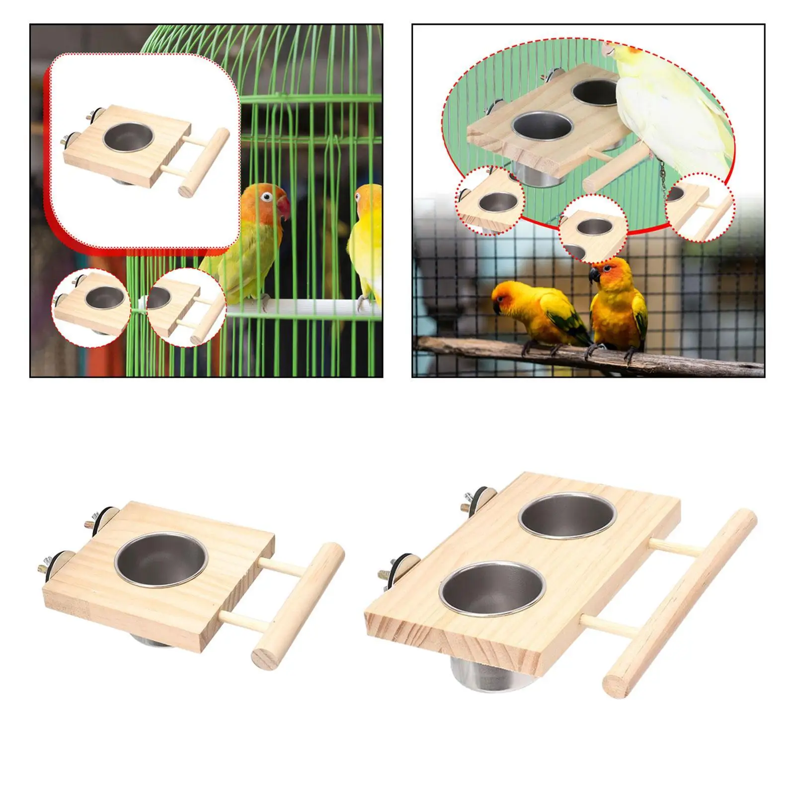 Bird Feeding Dish Cup Perch Stand Toy Wood Feed and Watering Supplies Feeding Cup Bowl for Cockatiel Parakeet Chinchilla
