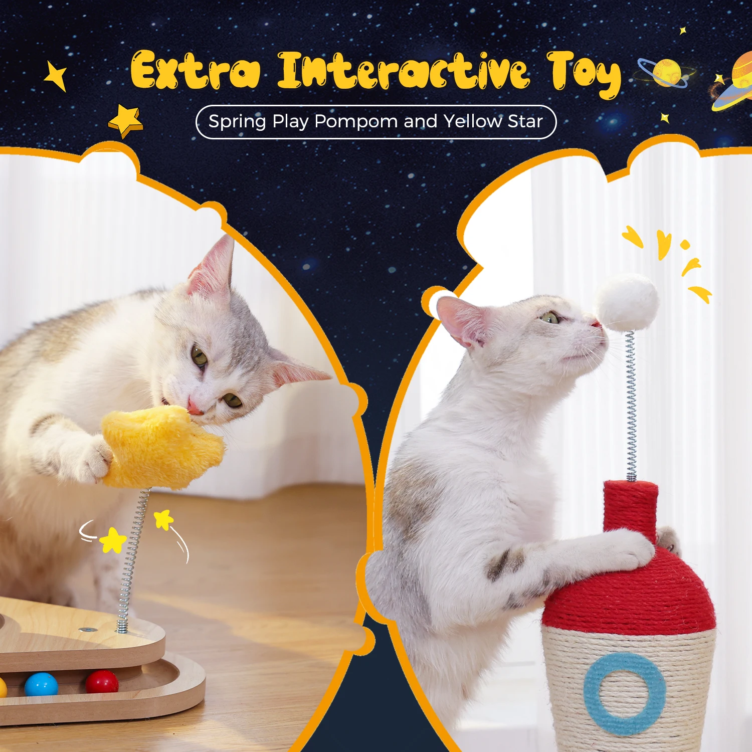 Poste rascador para gatos con pista, juguete de pelota, cohete, rascador para gatos, pequeña torre de árbol para gatos con postes rascadores de Sisal, juguetes interactivos para gatos - imagen 5