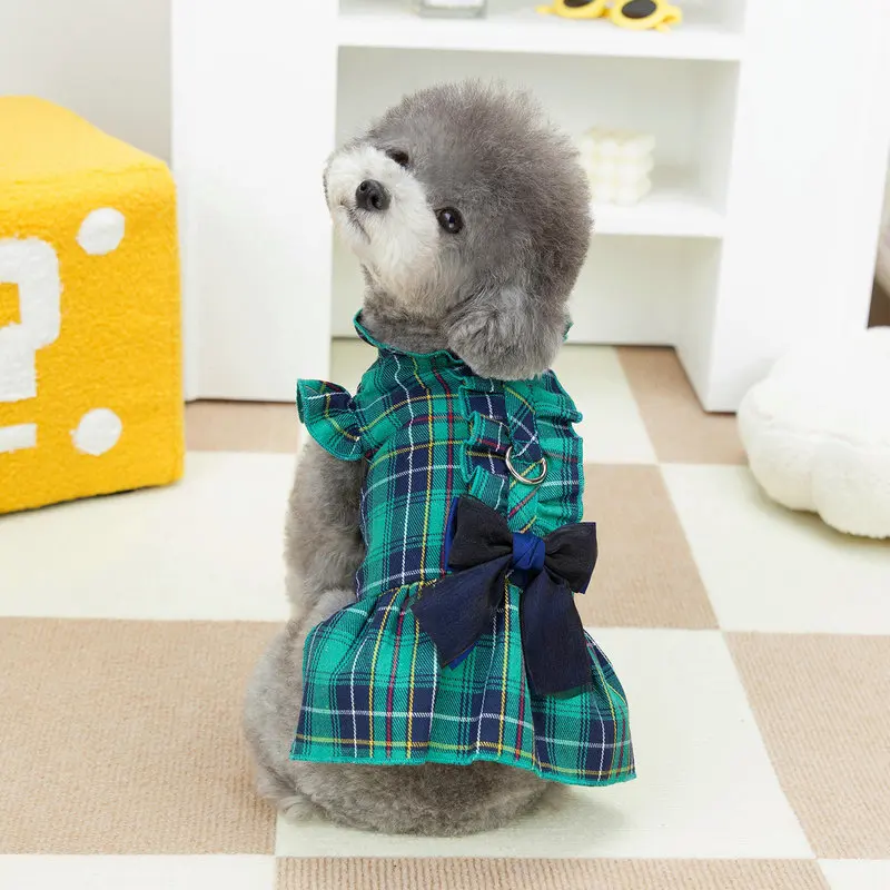 Vestido a cuadros con lazo para perros pequeños, ropa para cachorros con volantes para niñas, trajes para perros de primavera y verano, vestidos con arnés con volantes para perros y gatos - imagen 2