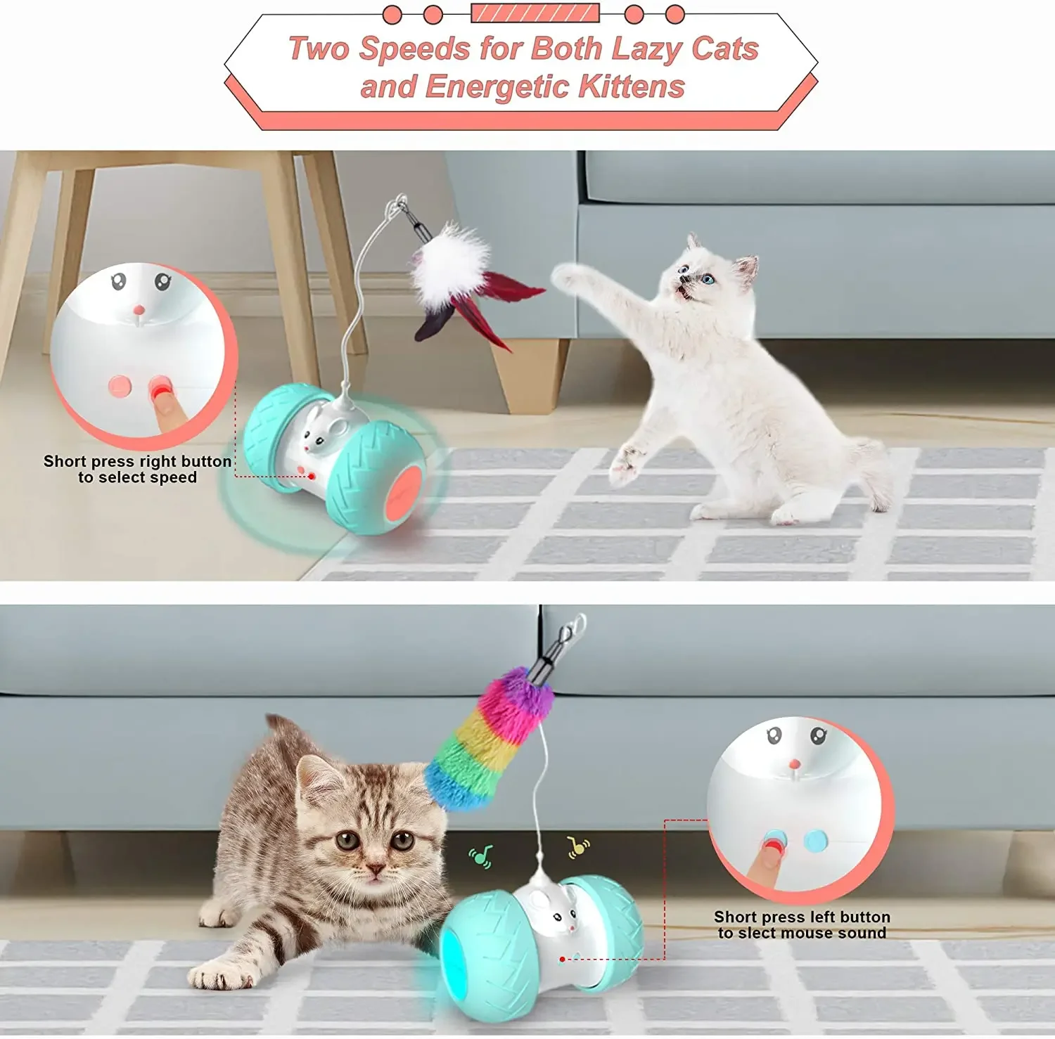 Juguetes interactivos para gatos de interior, juguetes automáticos para gatitos electrónicos con ratón y 3 plumas para gatos para jugar al ejercicio solo - imagen 3