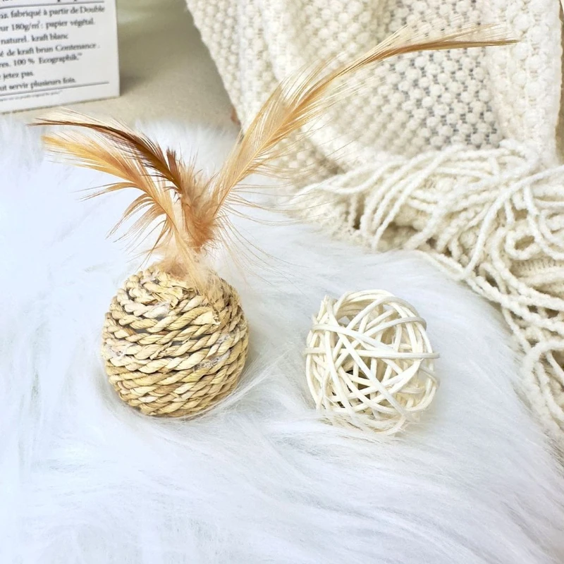 2 uds juguetes para gatos con plumas y campana, juego de anillos y bolas de ratán tejidas a mano para gatito, juego interactivo con sonido para autocalmante