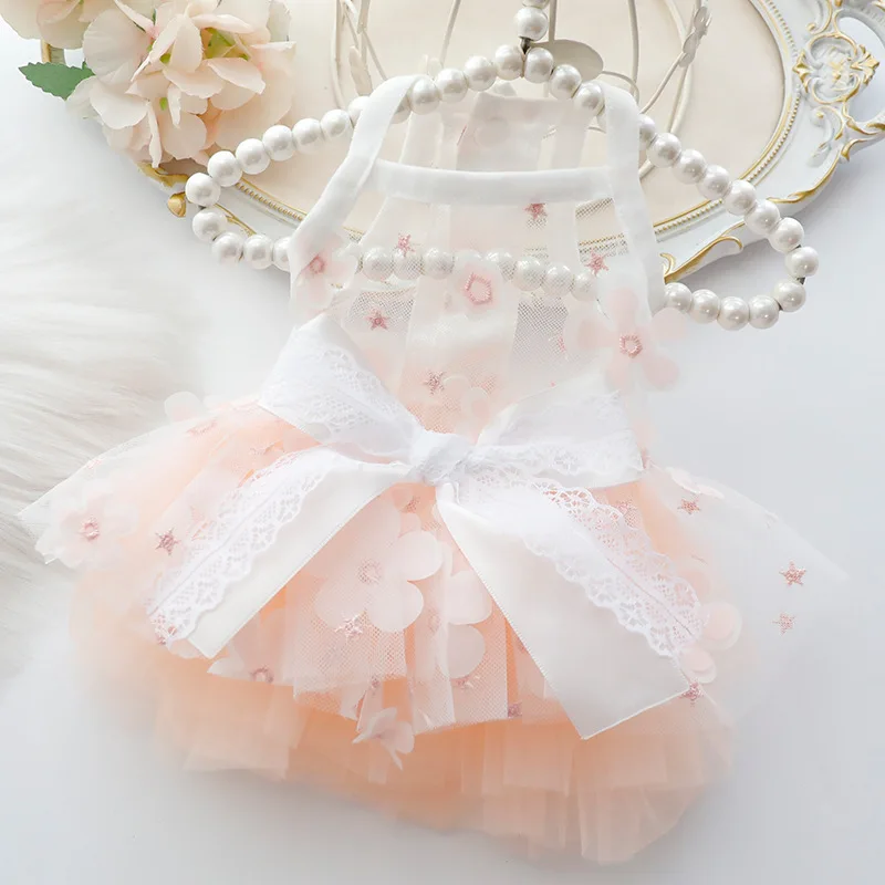 Vestido hecho a mano para mascotas, vestido de princesa para perros pequeños y gatos con flor 3d para perros pequeños, falda de tul adornada, vestido de novia - imagen 3