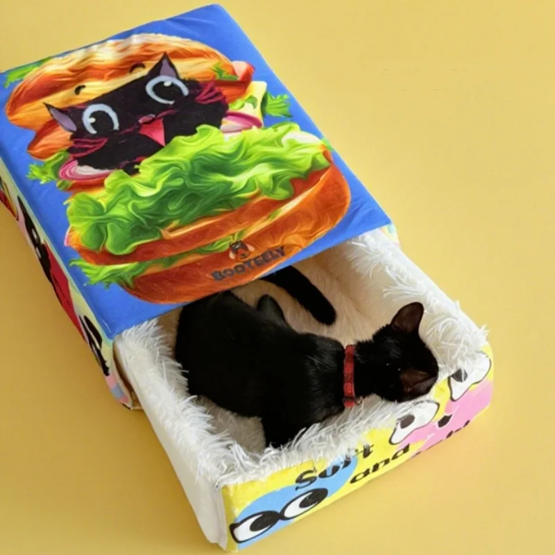 BOOTEELY Cartoon Hamburger Black Cat Snack Box Plush Cat Bed Spacious Cozy Pet Nest For Cats' Comfortable Rest With Cute Design - imagen 2