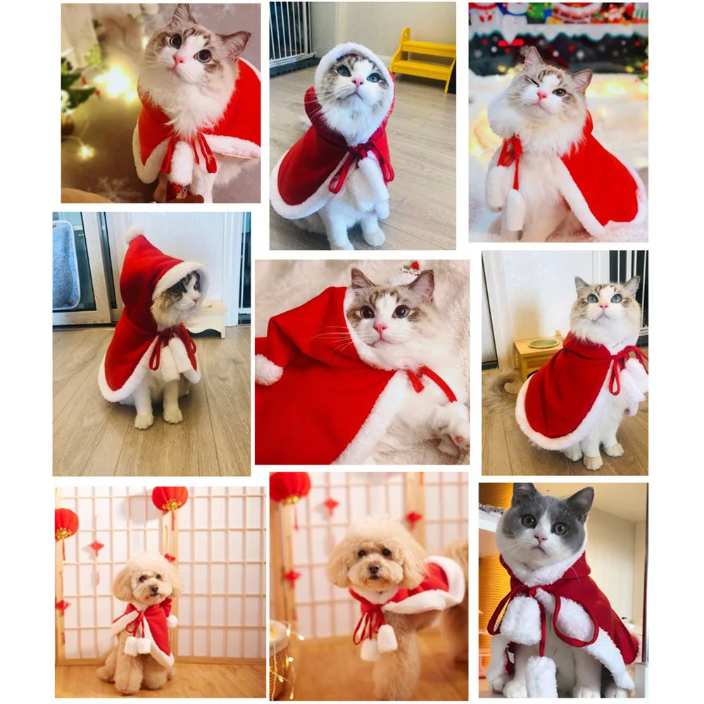 Disfraz de gato, disfraz de Papá Noel, divertido disfraz transformado para gato/perro, capa navideña para mascotas, ropa, bufanda roja, capa, accesorios de decoración - imagen 3