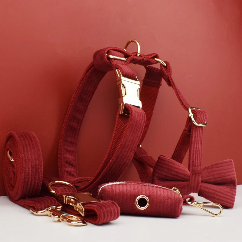 Juego de Collar y correa para perro de pana roja vino para perros, placa con nombre grabada personalizada, suministros para mascotas, correa para perro de pana 13