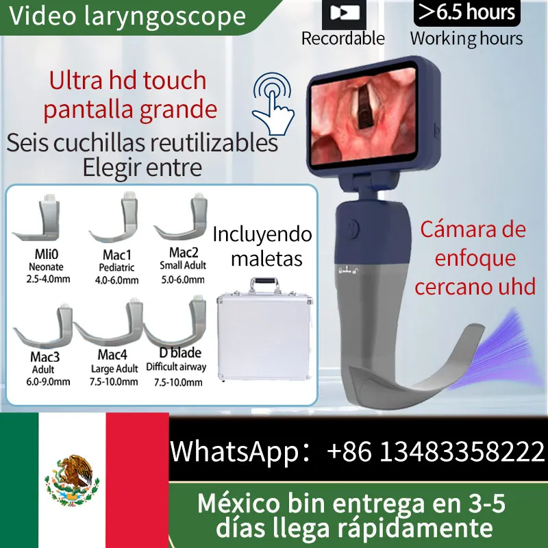 Entrega en almacén de México, videolaringoscopio con pantalla táctil de 3,5 pulgadas, cuchillas esterilizables reutilizables, laringoscop Digital en color - imagen 3