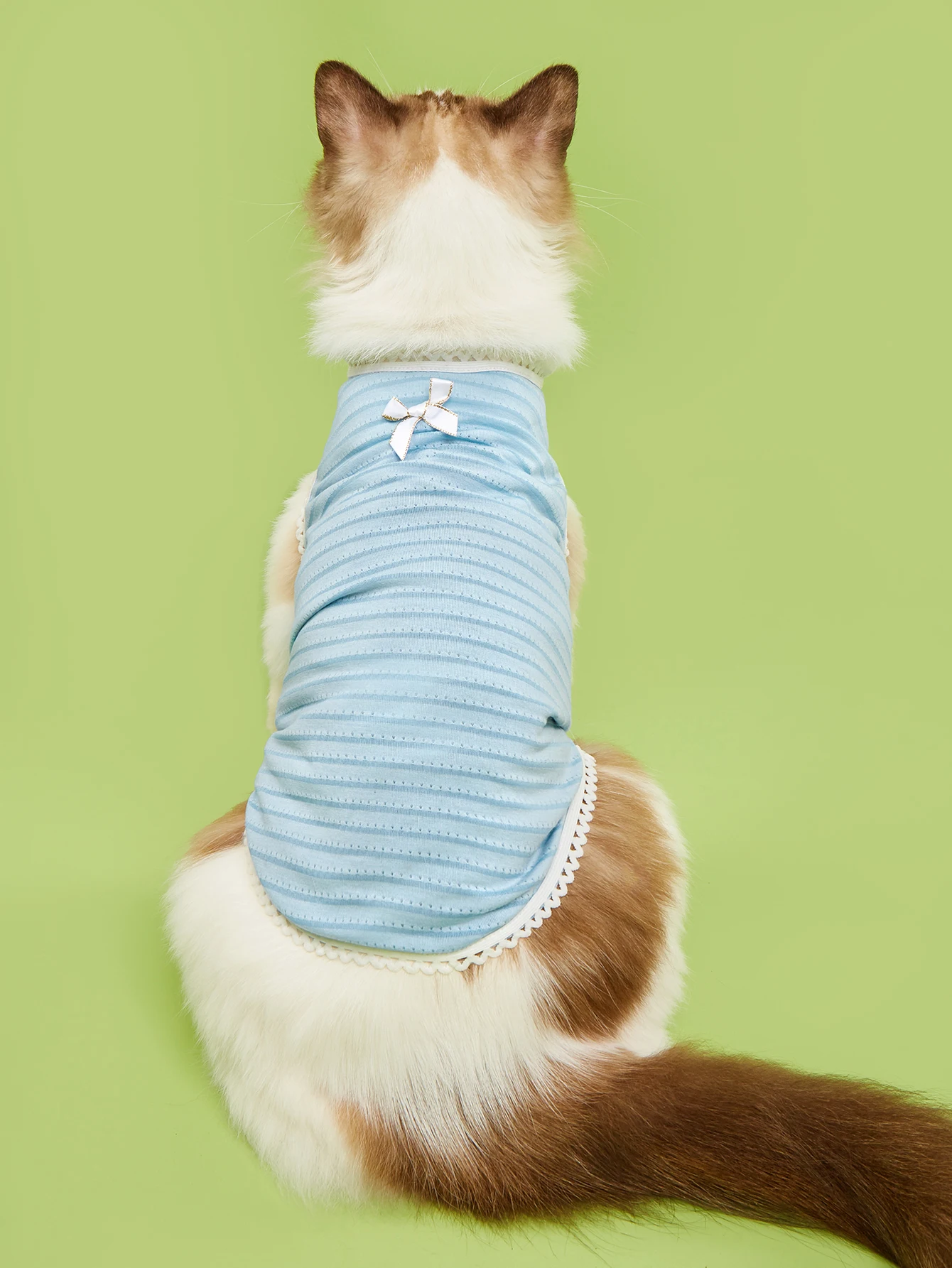 Chaleco para mascotas, estilos de rayas multicolores (blanco/rosa/azul), ribete de encaje y lazo de arena, tela transpirable perfecta para atuendos de verano - imagen 3