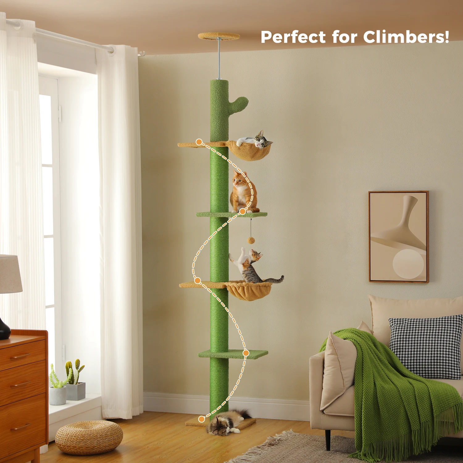 Árbol para gatos ajustable de 229-275 cm, torre para gatos de piso a techo con postes rascadores de sisal, hamaca para gatos doble y espacioso, postes más gruesos - imagen 3
