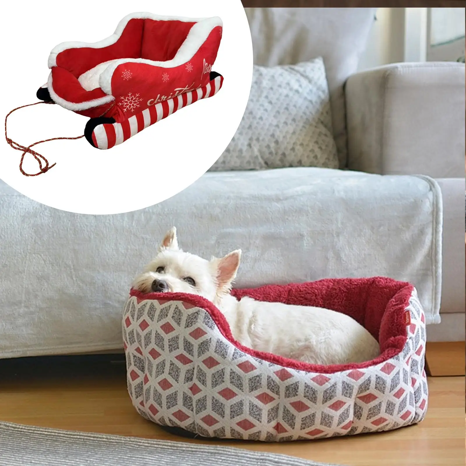 Christmas Sleigh Dog Bed Holiday Decor Pet Sleeping Bed with Non Slip Bottom