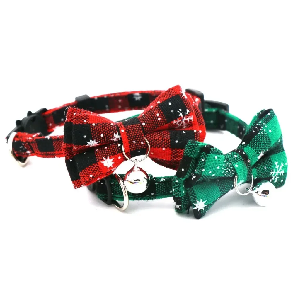 Collar para gato con lazo navideño, Collar para perro pequeño con campana a cuadros, copo de nieve, Collar ajustable con hebilla para gatito y mascota - imagen 2