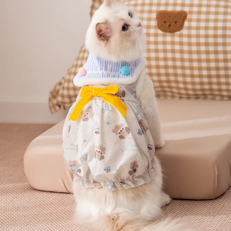 Ropa para gatos con solapa a rayas para mascotas, falda de calabaza estilo princesa con lazo cálido para otoño e invierno, abrigo grueso de felpa para perros - imagen 2