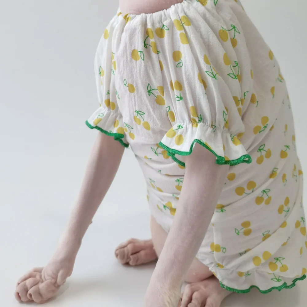 Vestido de verano para gata hembra con estampado de cereza y piña, falda de algodón transpirable con bordes en contraste, hecho a medida para gatos Sphynx sin pelo. - imagen 5