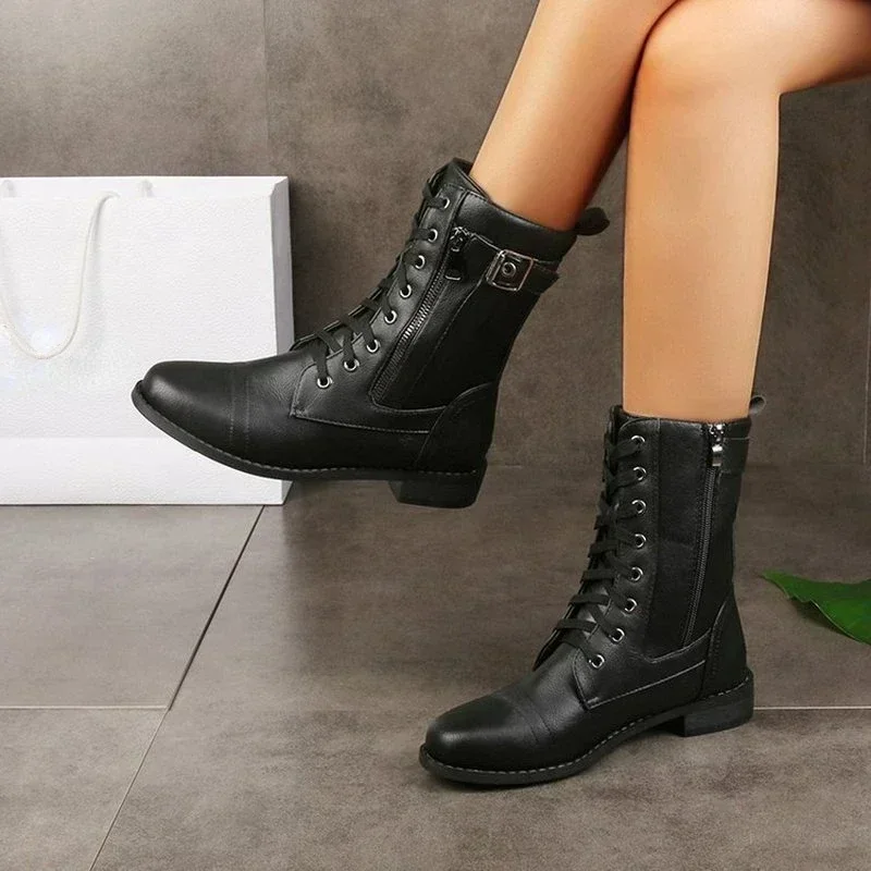 Brand Platform Heel Boots Women High Boots Casual Leather Shoes Autumn Winter  Round-toe Zipper Plus Size Ladies Shoes 2024 - imagen 3