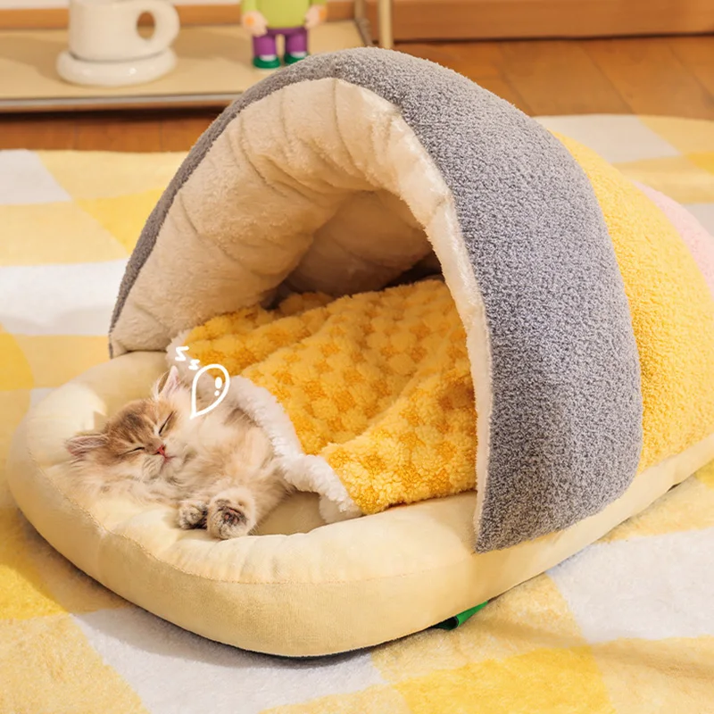 Cama cálida de invierno para gatos, saco de dormir semicerrado para gatos, Mini perros, casa de peluche suave para gatitos, cueva, accesorios para gatos - imagen 3