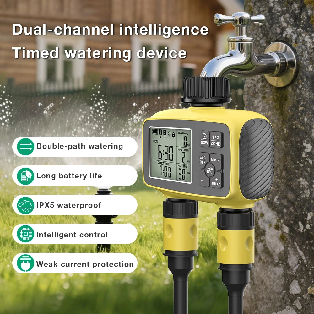 Temporizador de agua Digital de pantalla grande, controlador de riego bidireccional, válvula de agua automática, aspersor cronometrado para invernadero al aire libre