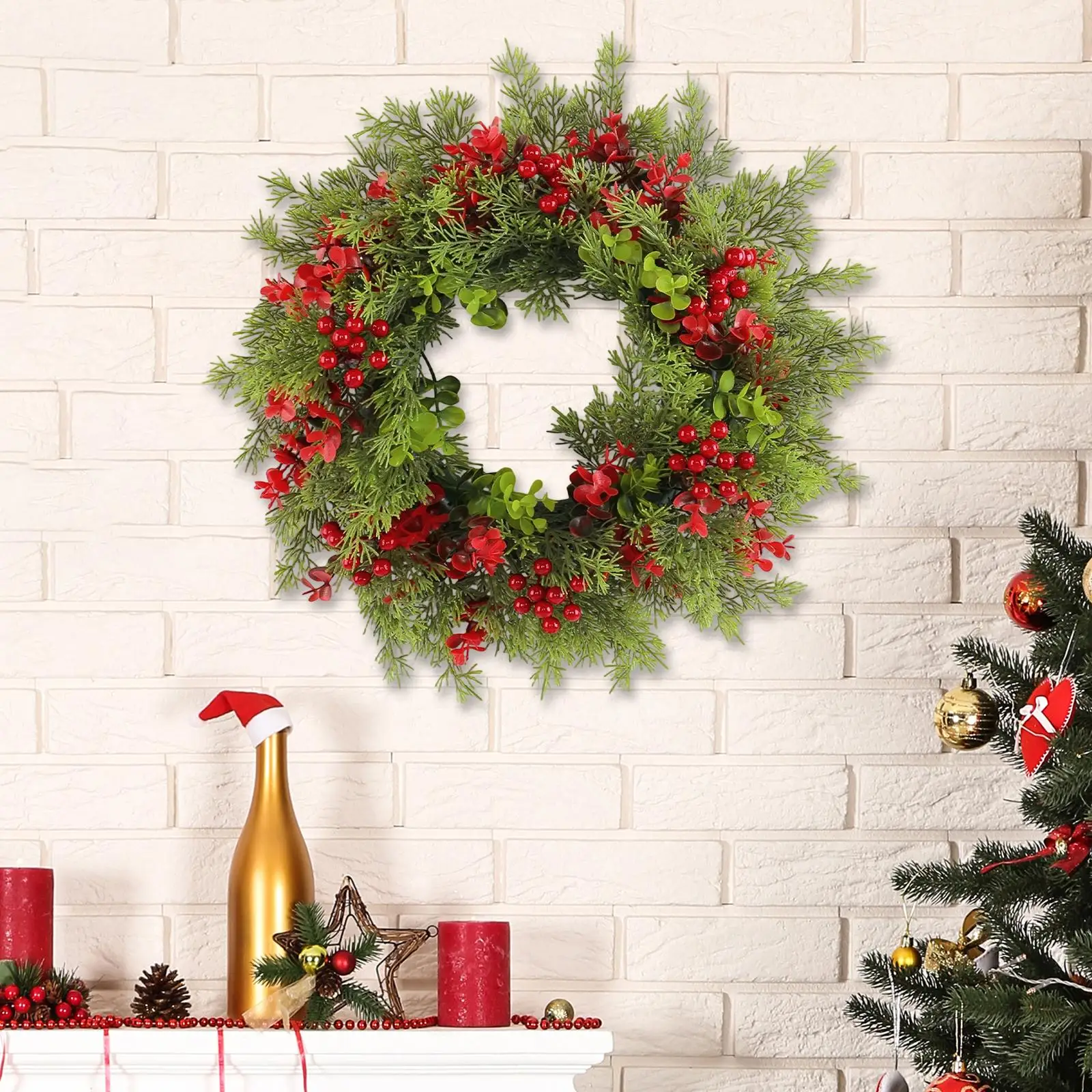 Corona navideña artificial, bayas rojas, corona para puerta delantera, guirnalda navideña, decoración navideña para pared, chimenea de hotel, balcón, boda - imagen 2