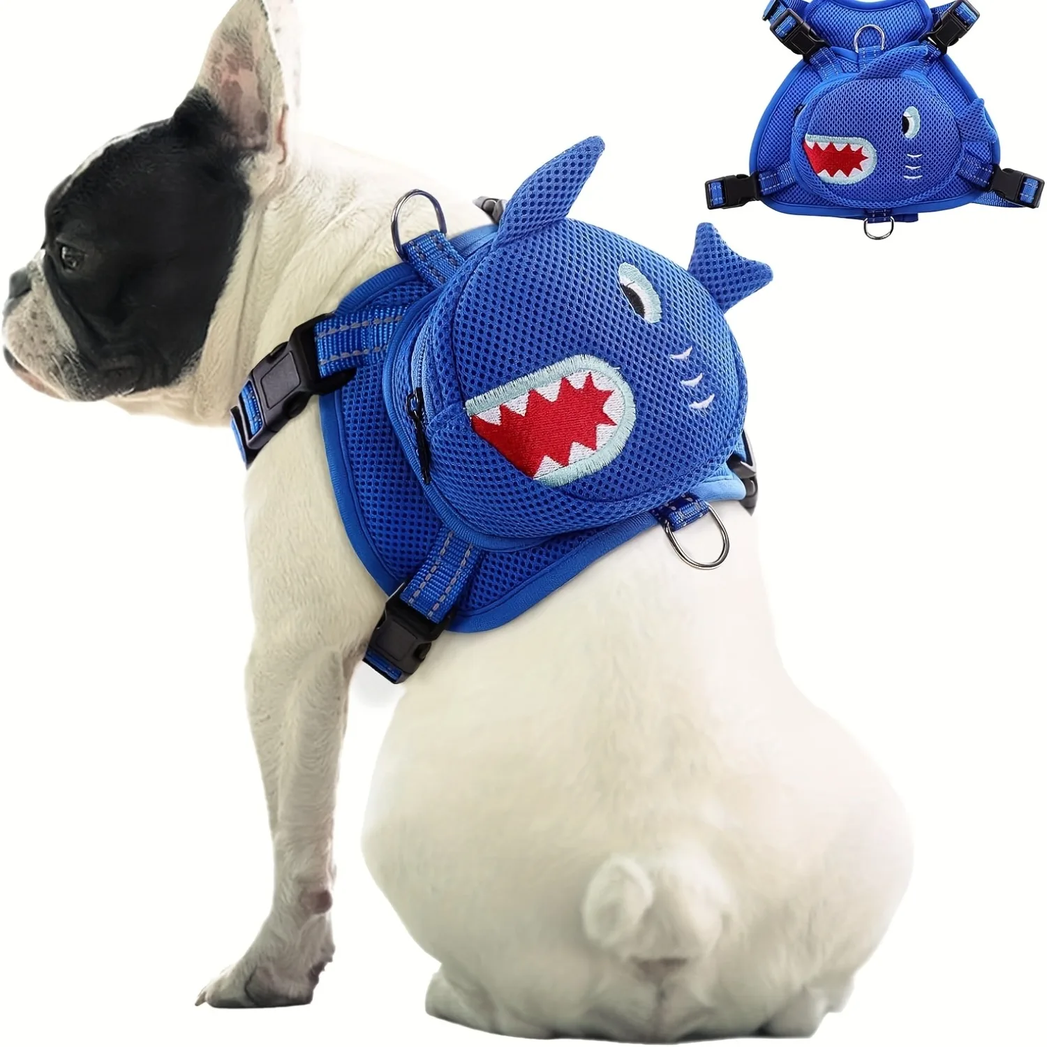 Mochila para perros con arnés, mochila para perros sin tirones con anilla en D para perros pequeños y medianos, autorportabebés con bonito tiburón para mascotas, viaje ajustable