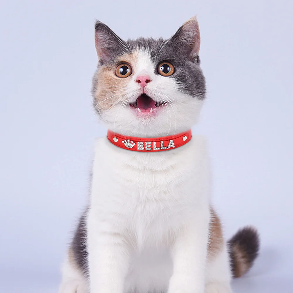 Collar de perro personalizado de cuero PU con diamantes de imitación ostentosos, collares para Chihuahua, collares de identificación de gato personalizados para perros pequeños, medianos y grandes - imagen 5