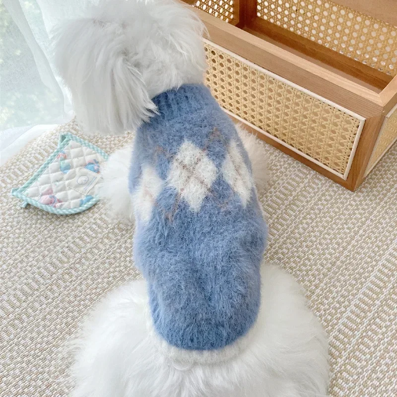 Suéter de felpa para mascotas, suéter a cuadros con diamantes para mascotas, ropa para perros pequeños, abrigo para perros de otoño e invierno, ropa para perros pequeños - imagen 3