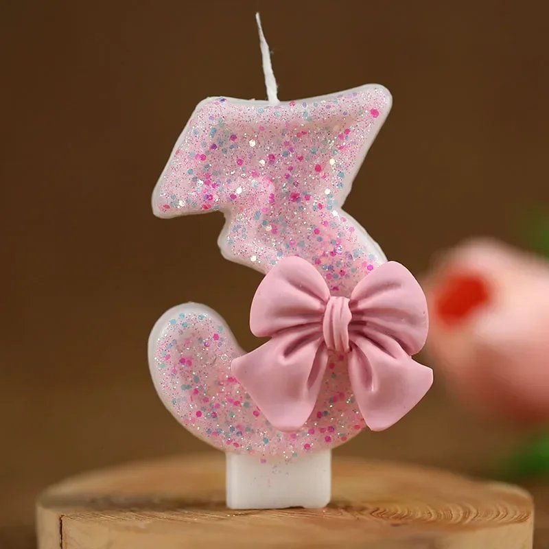 Bonitos velas de pastel con números 3D de lazo rosa para decoraciones para fiesta de cumpleaños, herramientas de decoración de pasteles - imagen 4
