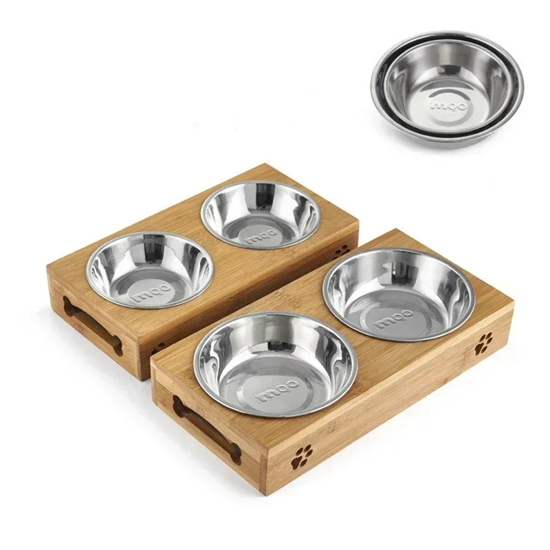 Cuenco de cerámica para perros y gatos, mesa de madera de bambú en un gatito, cuenco doble antideslizante, cuenco de comida para perros pequeños - imagen 5