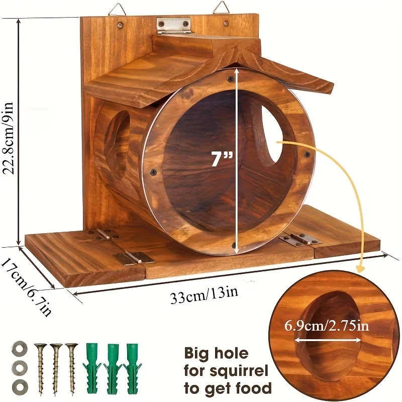 Comedero de madera para ardillas, comederos para exteriores de invierno, alimentador de ardillas de madera para maíz, cacahuetes, casa duradera, fácil de llenar