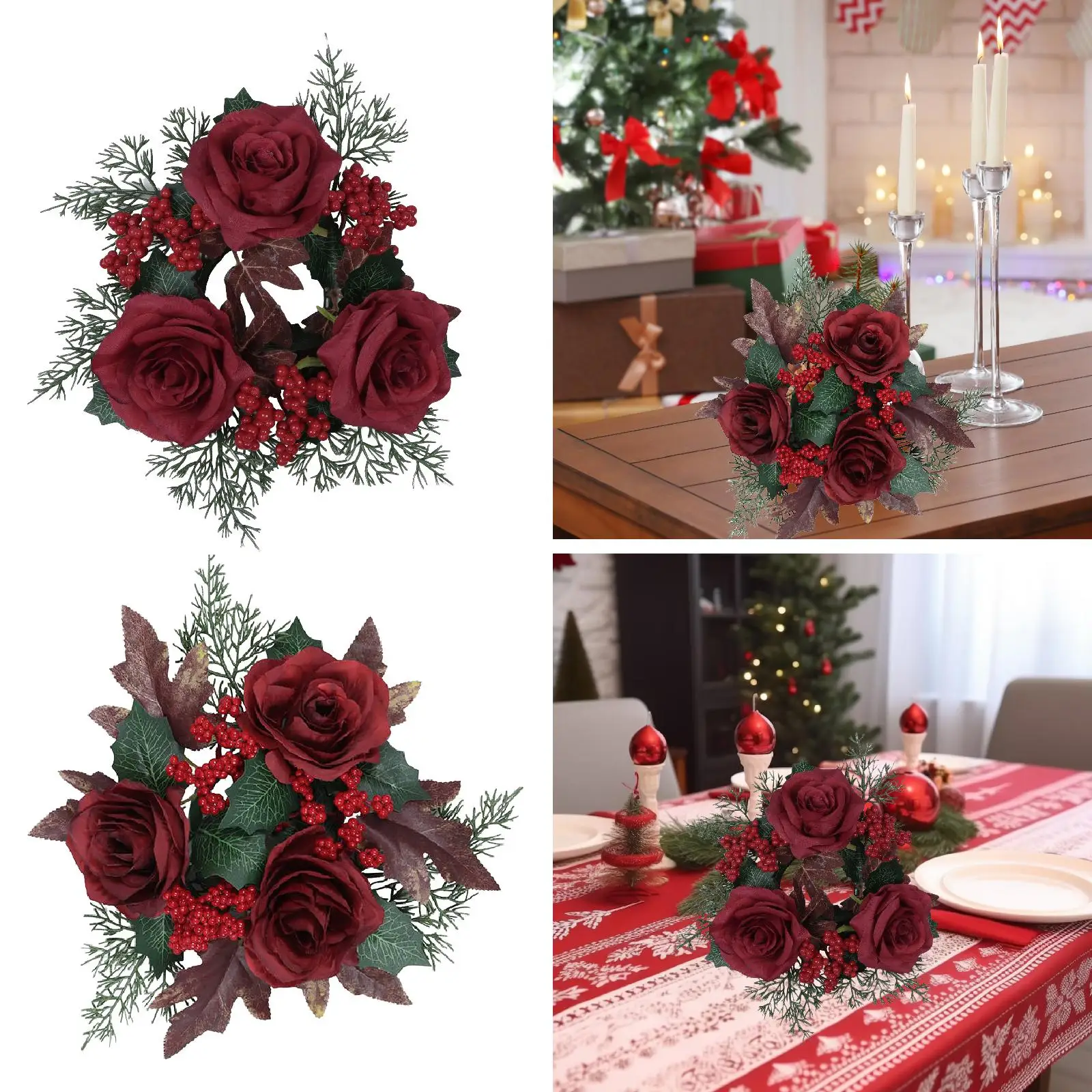 Anillo de vela navideña, corona, adorno de deshierbe para el hogar, candelabro, flor de rosa Artificial para mesa de comedor de granja, vacaciones