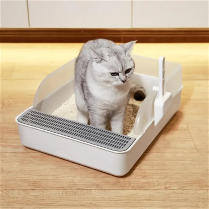 Sartenes semiabiertas para gatos, bandeja de arena de plástico para gatos, caja de arena antisalpicaduras de lado alto con cuchara para tamizar arena - imagen 2