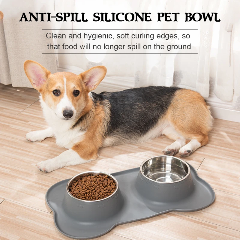2 cuencos de acero inoxidable para mascotas, estera de silicona antideslizante, alimentador de agua y alimentos, sin derrames, para perros pequeños, medianos y grandes, gatos y cachorros - imagen 3