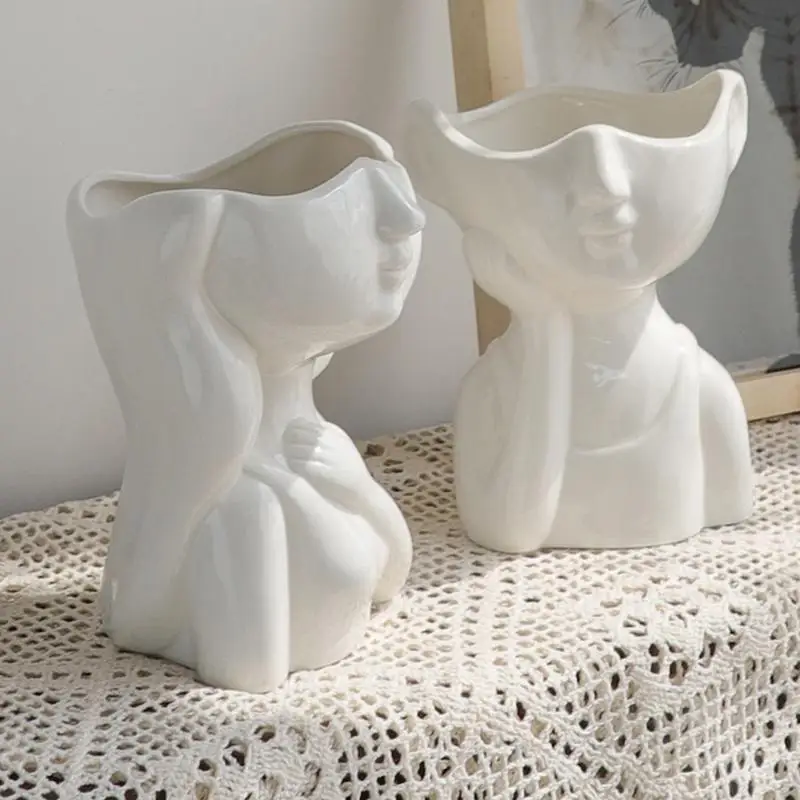 Jarrón de cerámica con cabeza para decoración, florero pequeño blanco, jarrones de flores modernos únicos, decoraciones de mesa para sala de estar, nórdico - imagen 3