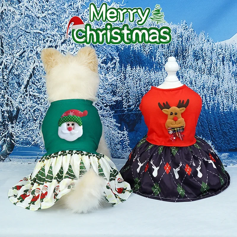 Vestido de Navidad para perros pequeños y medianos, bonito muñeco de nieve con estampado de Papá Noel, Reno, falda de princesa para cachorros, ropa festiva para - imagen 2