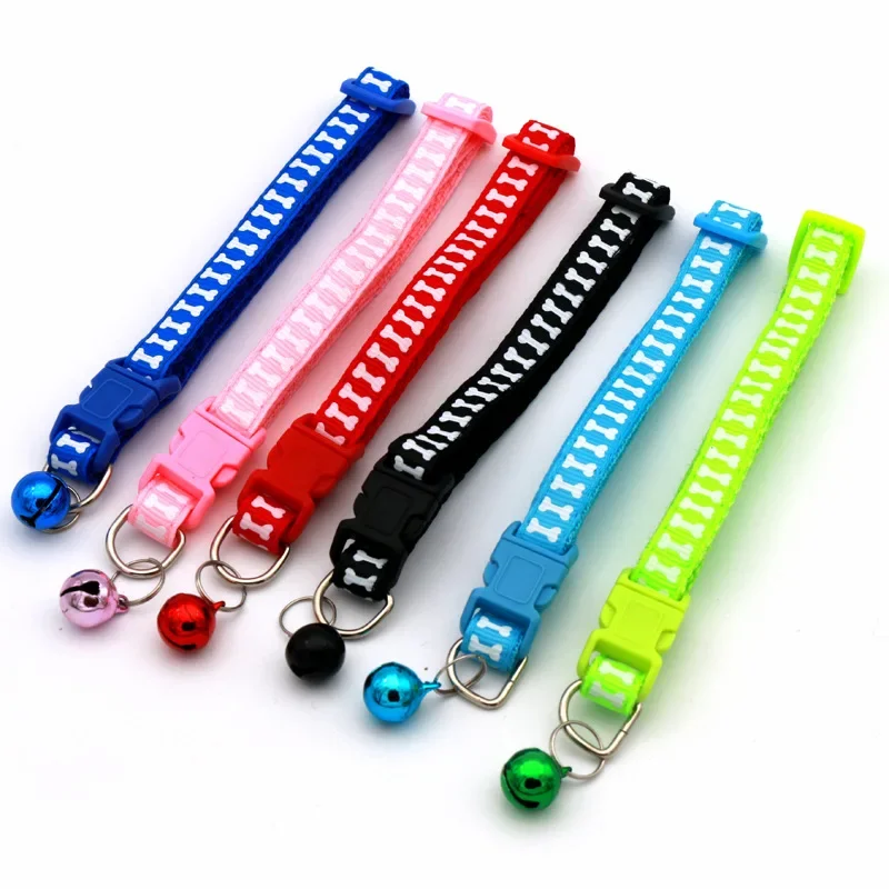Collar ajustable de hueso para perro, gatito y gato con campana, collares de hebilla de poliéster para perros pequeños, suministros de accesorios para gatitos - imagen 2