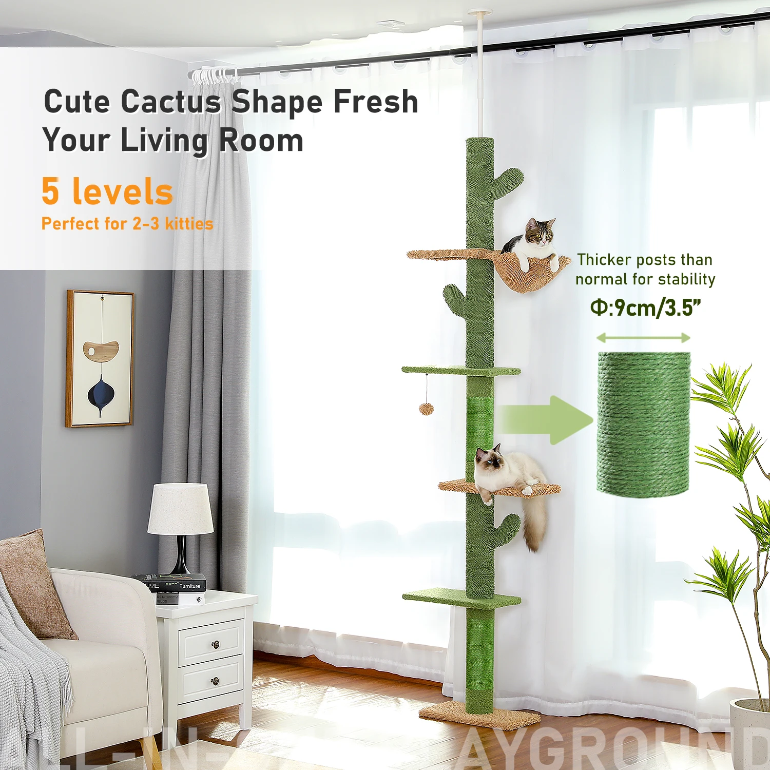 Árbol para gatos ajustable piso a techo – hamaca, sisal y bola colgante - imagen 2