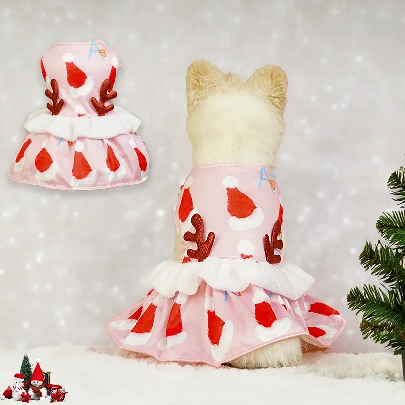 Vestido festivo navideño rosa para perros con gorro de Papá Noel y estampado de astas, traje para mascotas para perros pequeños y medianos - imagen 2