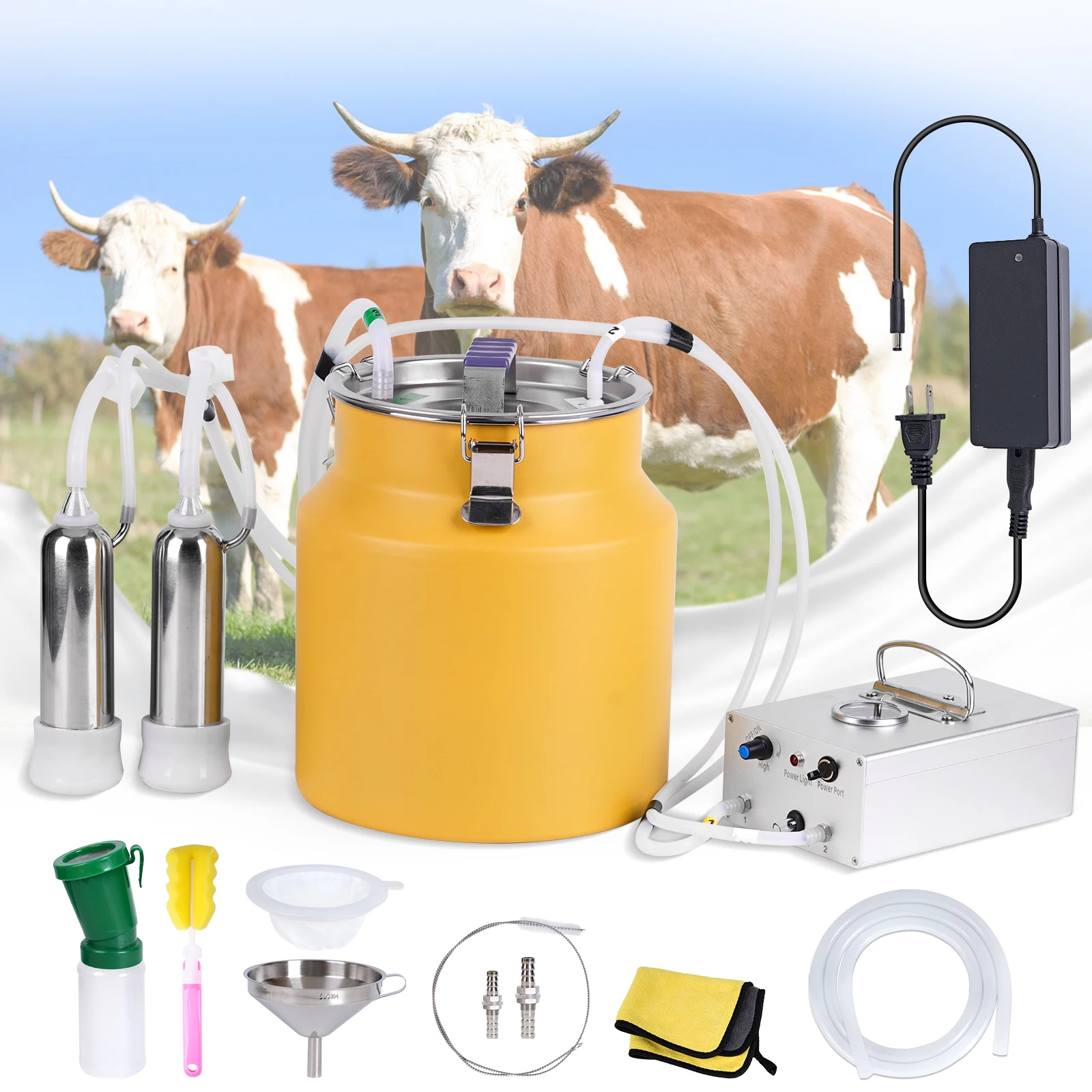 Máquina de ordeño de cabras y vacas de 8L, cubo de acero inoxidable, tazas de pulsación automáticas eléctricas, tubos de succión ajustable para vacas y ovejas