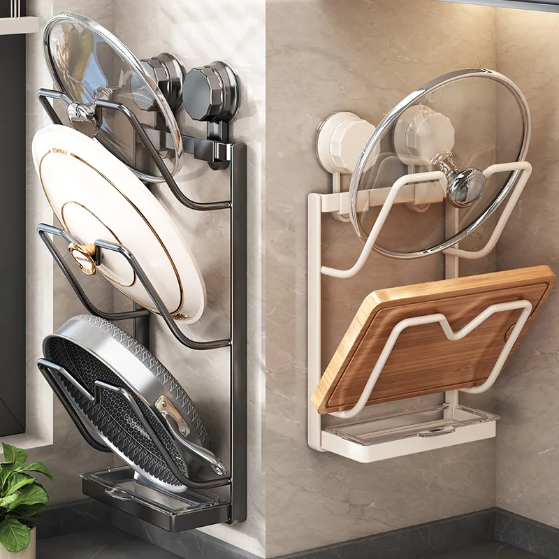 Organizador de cocina con ventosa sin taladro, estante de montaje en pared de 2/3 niveles para tapas de ollas y tablas de corte, almacenamiento que ahorra espacio (negro/blanco) - imagen 2