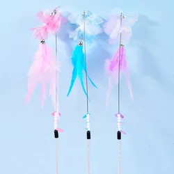 Juguete interactivo para gatos con plumas, borla floral y mango largo