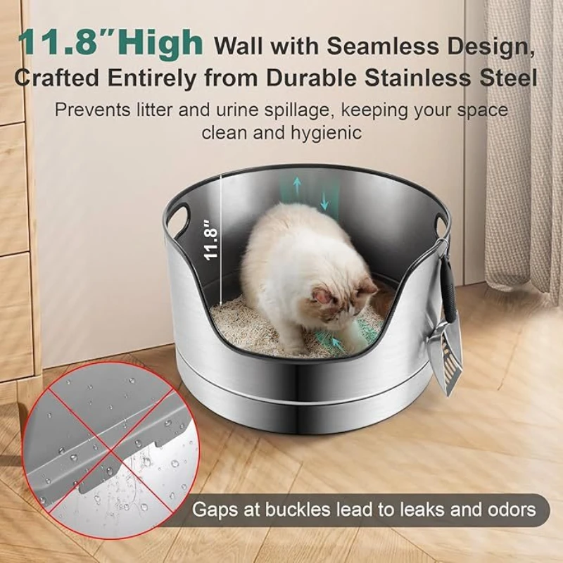 Caja de arena para gatos de acero inoxidable, inodoro grande para gatos, mascotas, cachorros, gatitos, cajas de arena para perros pequeños, gatitos, caja de arena semicerrada para gatos - imagen 5