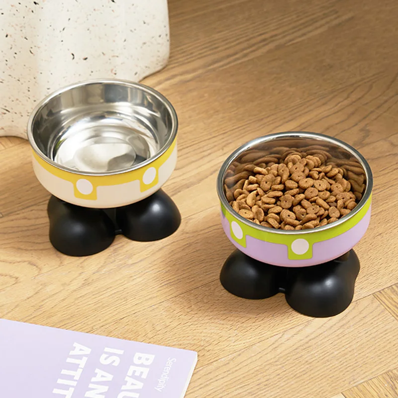 Cuenco para gatos con dibujos animados, cuenco alimentador para mascotas de acero inoxidable con soporte, cuenco para beber de gatito de pie alto, cuenco antideslizante para mascotas - imagen 4