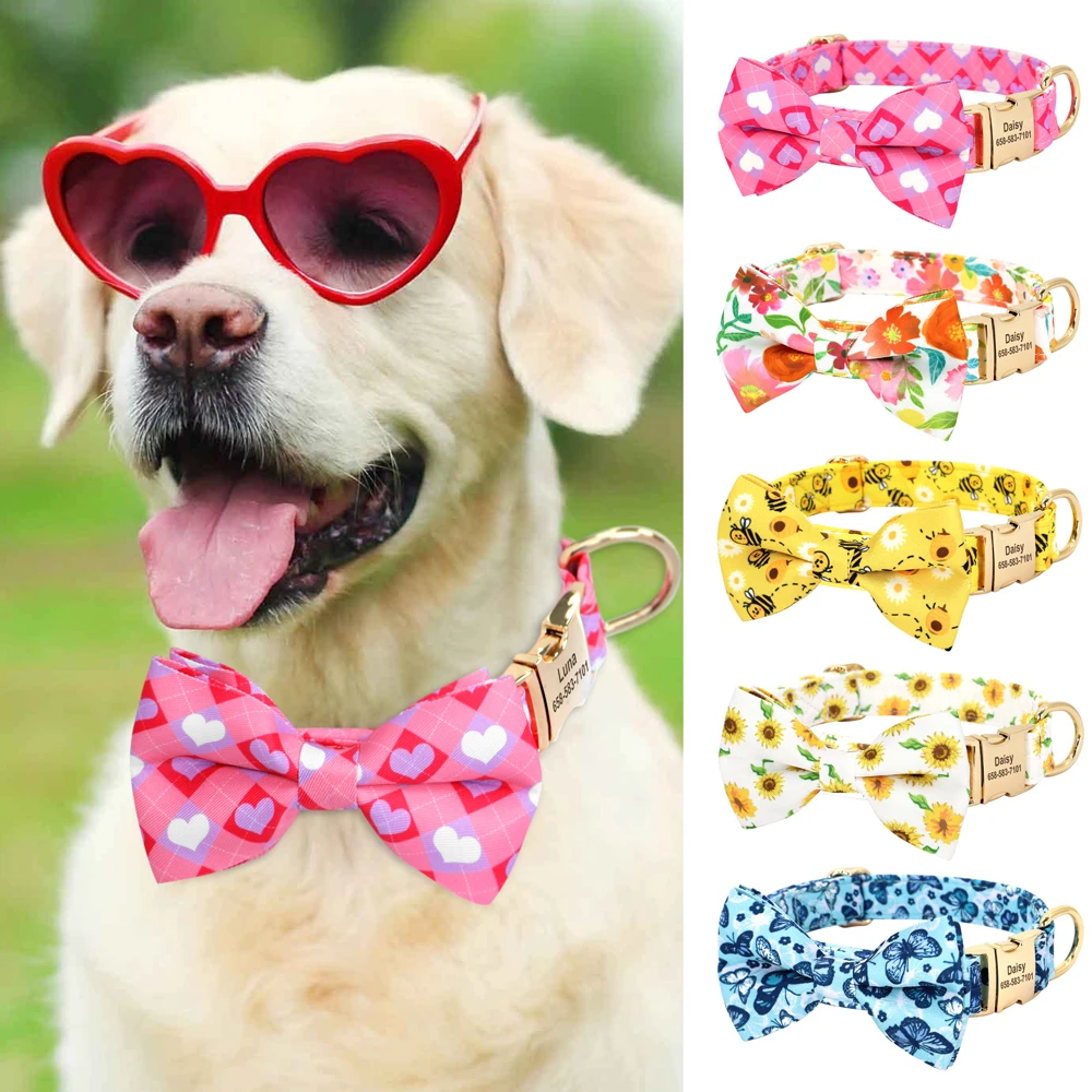 Collar de identificación de perro con pajarita, collares de nailon personalizados para perros con lazo, collar de corazón de abeja y flor grabada gratis para perros pequeños y medianos