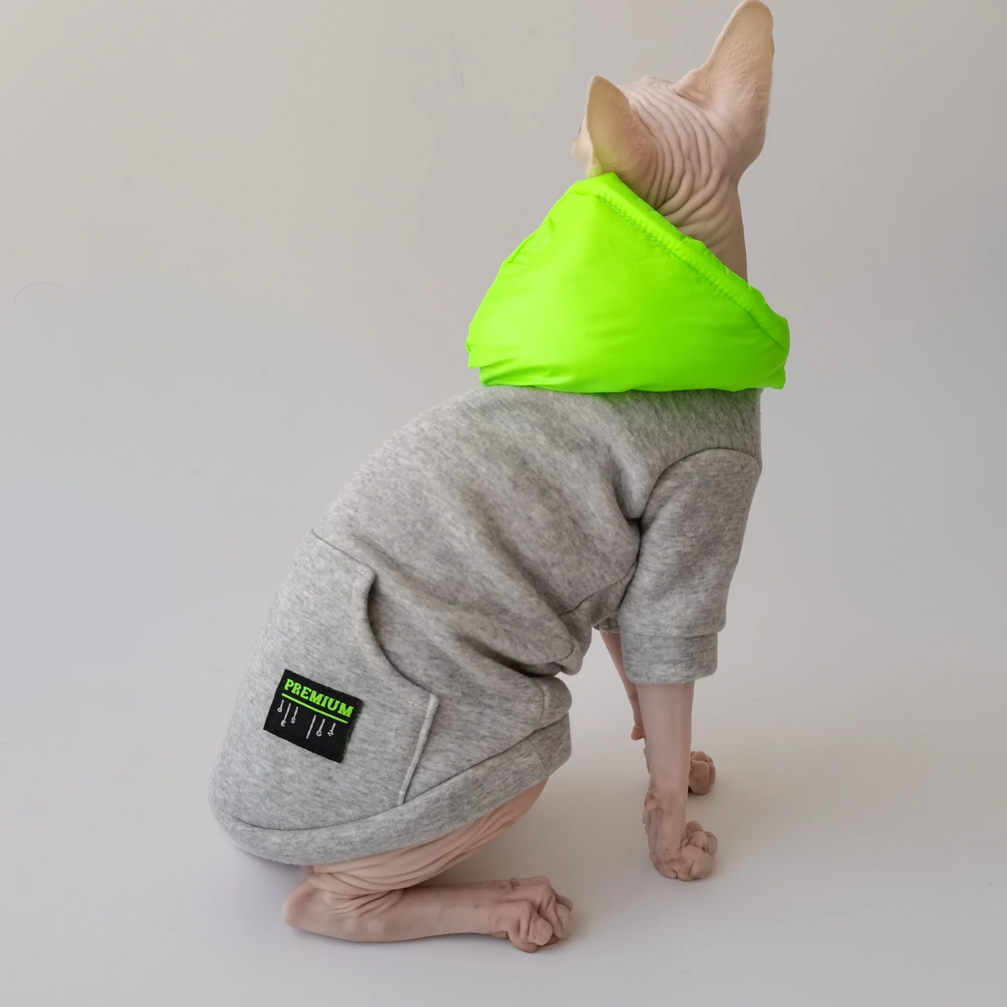 Sudadera con capucha gruesa y cálida para gato Sphynx en invierno, abrigo polar gris-verde para gato sin pelo en suministro de gatitos en clima frío - imagen 3
