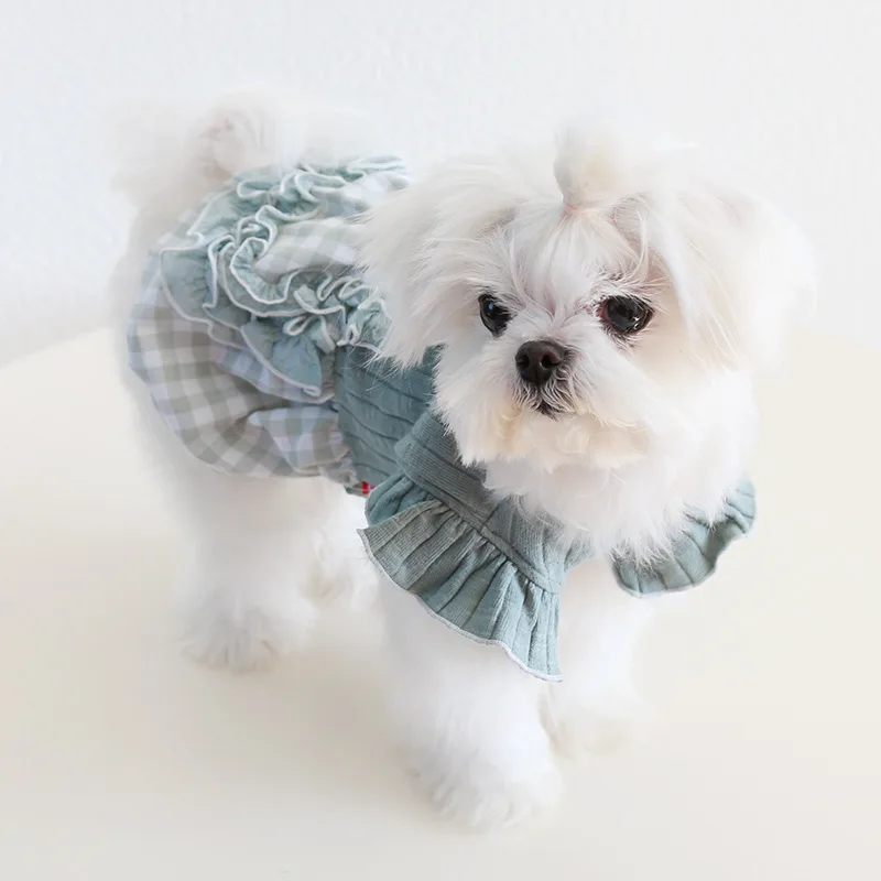 2025 Primavera/Novedad de verano vestido a cuadros con volantes ropa de princesa bordada para perros pequeños Chihuahuas, traje de Bichons - imagen 4