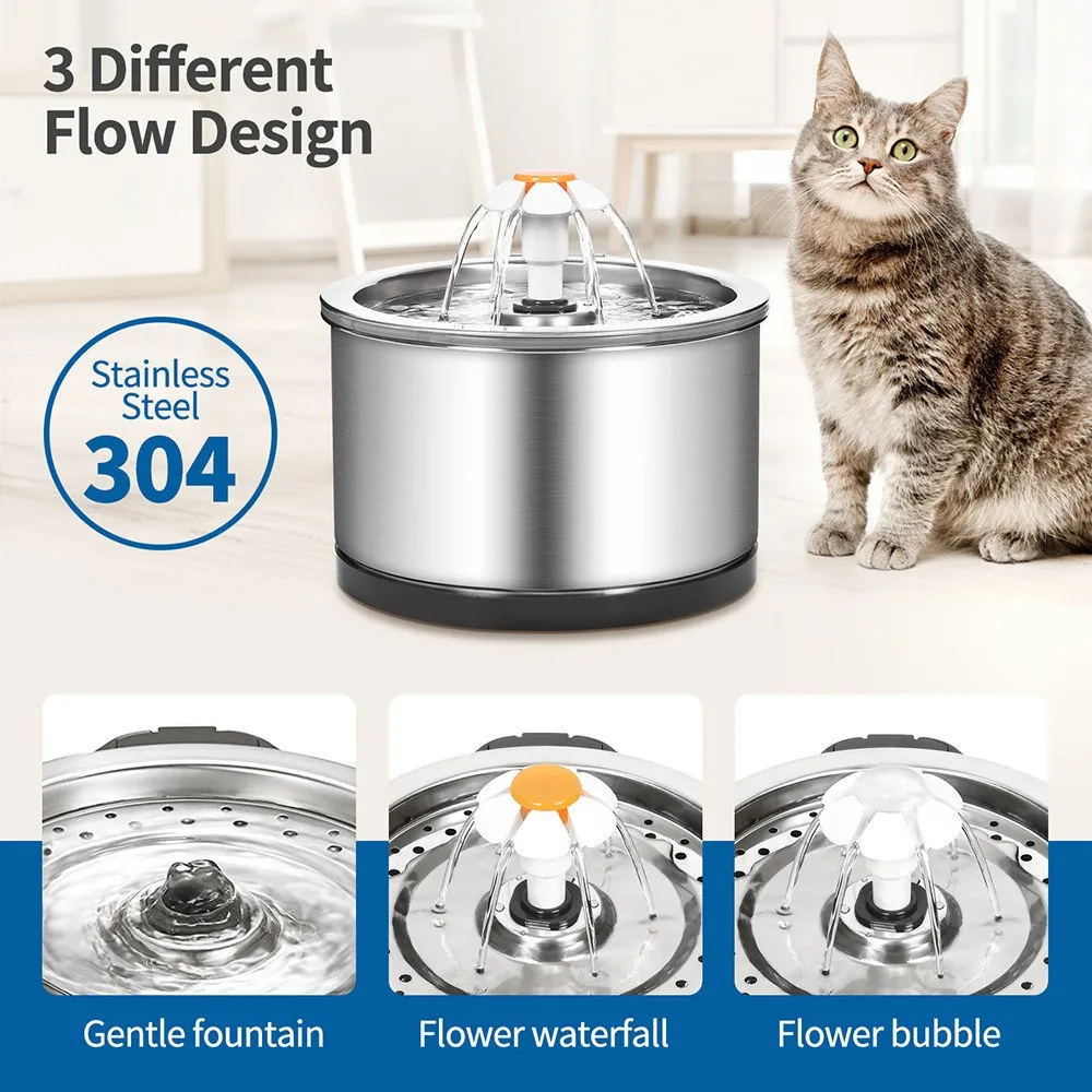 Fuente para mascotas de acero inoxidable de 2,5 L, dispensador automático de agua para perros y gatos con filtro, ultrasilencioso y fácil de limpiar, fomenta la hidratación