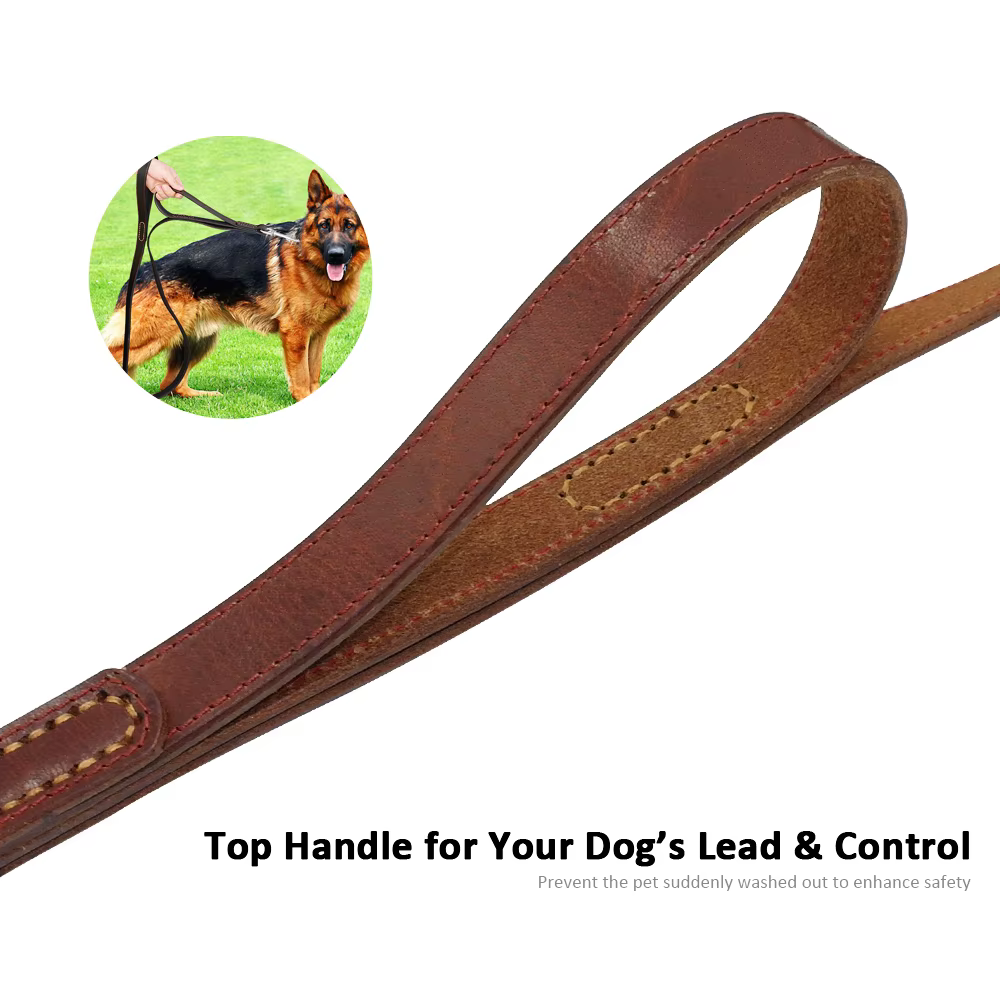 Correa de cuero genuino para perros medianos y grandes con dos asas - imagen 2