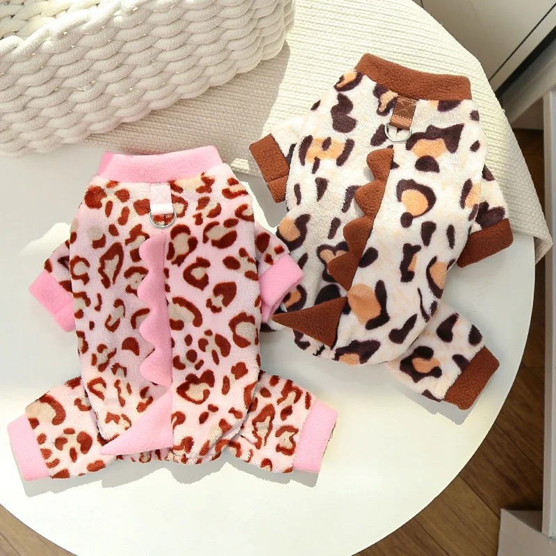 Ropa de franela de leopardo para perros, Cosplay de dinosaurio, monos de Chihuahua para gatos, Halloween, Navidad, Año Nuevo, ropa de invierno para cachorros - imagen 5