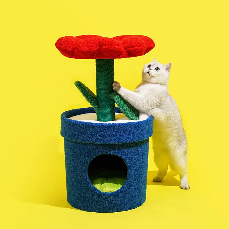 Árbol para gatos en maceta con flores rojas y cama para gatos integrada debajo del árbol para gatos de tamaño mediano (adecuado para gatos menores de 15 libras) - imagen 5
