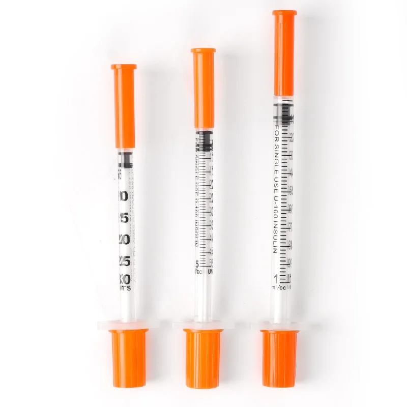 Seringa veterinária de plástico descartável, 50/100 peças 0.3/0.5/1ml tampa laranja seringa de insulina estéril com agulhas para animais de estimação de fazenda